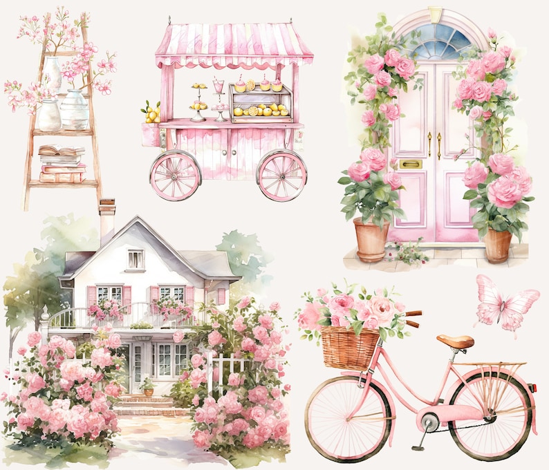 Puede incluir: Una ilustraci&oacute;n de acuarela de una casa rosa y blanca con una bicicleta rosa, un puesto de limonada rosa, una puerta rosa con una corona de flores y una mariposa rosa.