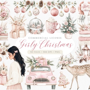 Clipart Noël rose bohème, Boho Noël PNG, Bundle de cliparts Noël Blush, Clipart Noël chic, Noël féminin, Noël floral
