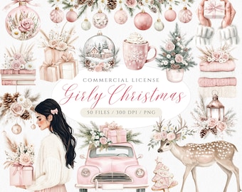 Boho Pink Christmas Clipart Bundle: Feminine Floral PNG (Digital Download)