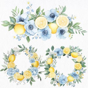 Blue Lemon Watercolor Clipart Bundle, Floral Wreaths, Citrus Wedding ...
