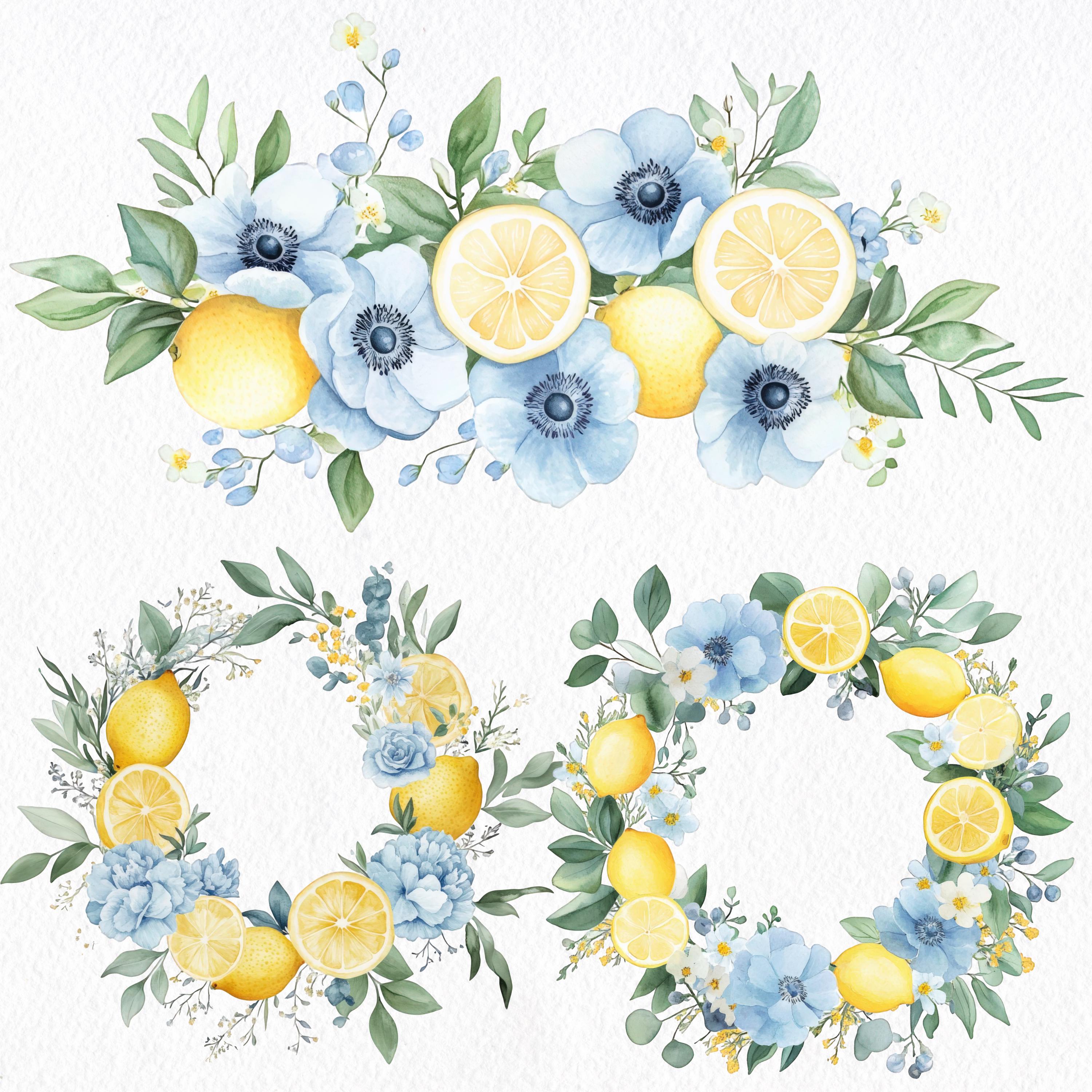 Blue Lemon Watercolor Clipart Bundle, Floral Wreaths, Citrus Wedding ...