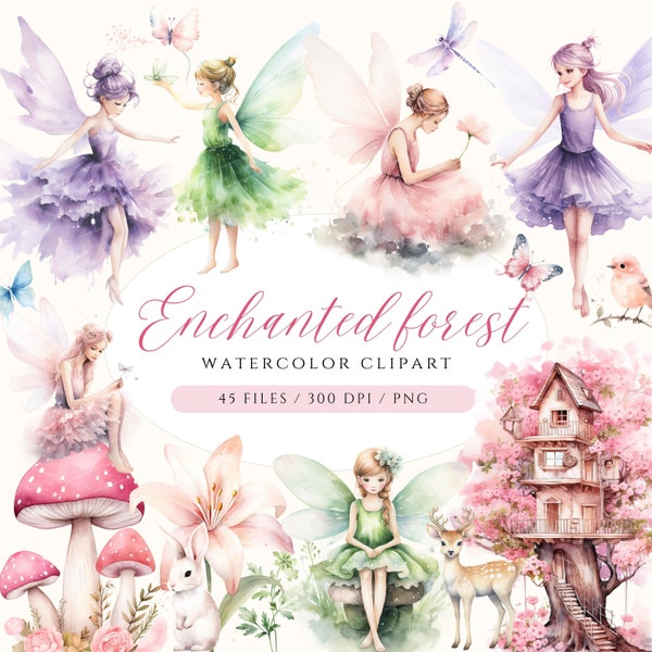 Watercolor Fairy Clipart, Enchanted Forest Illustrations, Cute Fairy PNG, Commercial License Fairy, Mushroom Clipart, Lantern, Butterfly