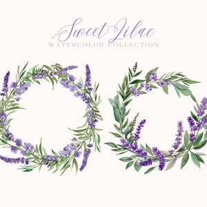 Puede incluir: Dos coronas de acuarela de flores de lavanda y hojas verdes. El texto "Sweet Lilac Watercolor Collection" est&aacute; por encima de las coronas.