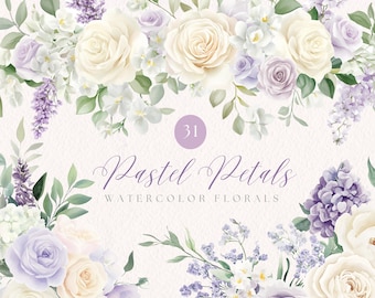 May include: Watercolor floral design featuring pastel roses, lavender, and other flowers in shades of white, cream, and purple. The text "Pastel Petals" and "Watercolor Florals" is displayed in elegant script. A circular number "31" is also present.