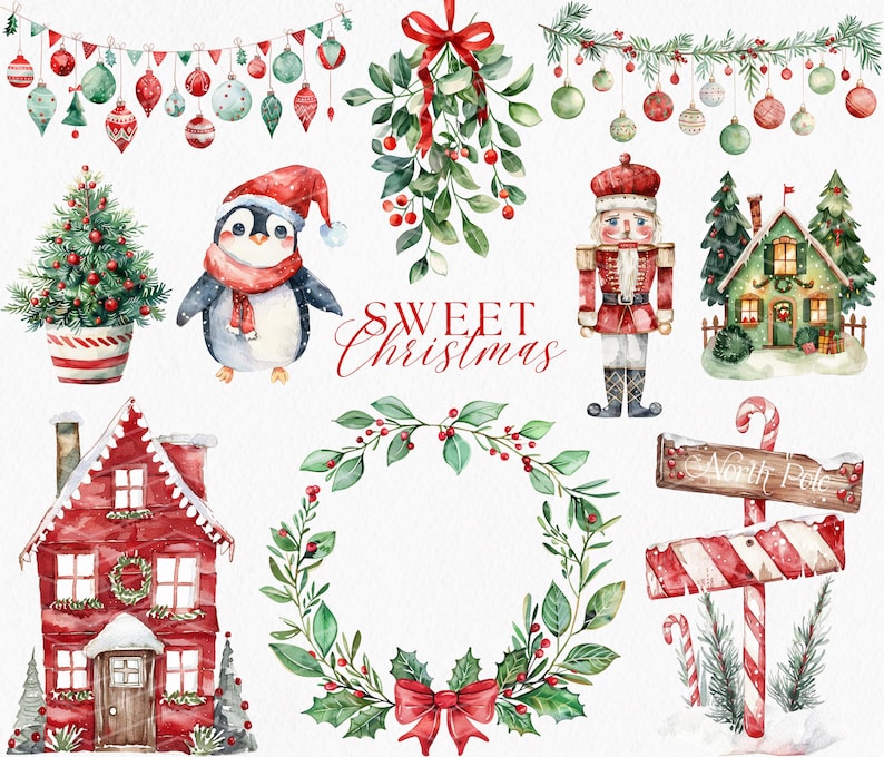 Watercolor Christmas Clipart Bundle: Santa's Village, Reindeer, Elf ...