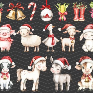 May include: Watercolor illustrations of Christmas farm animals and holiday decorations on a dark gray background. The collection includes a pig, sheep, goose, goat, bunny, cow, horse, donkey, and calf, all wearing Santa hats.