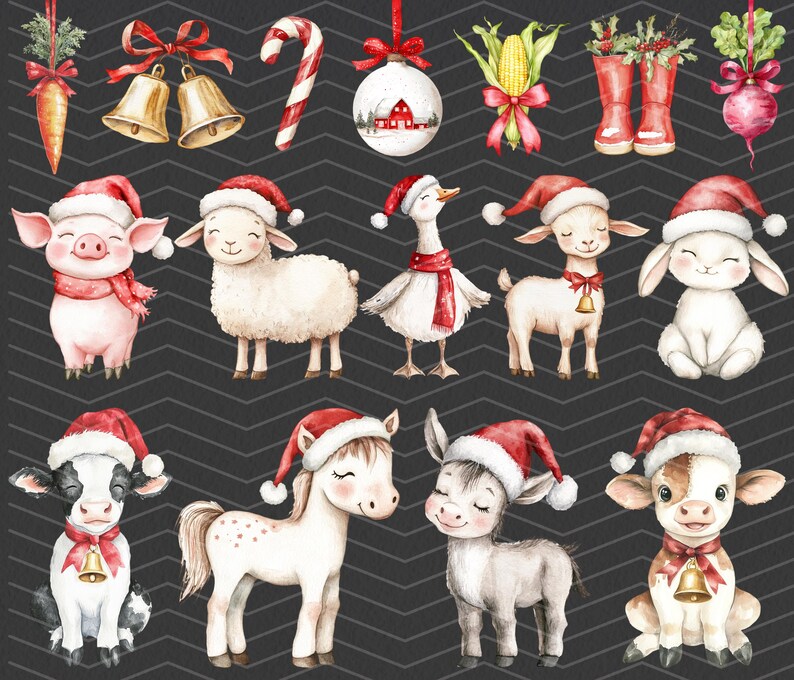 May include: Watercolor illustrations of Christmas farm animals and holiday decorations on a dark gray background. The collection includes a pig, sheep, goose, goat, bunny, cow, horse, donkey, and calf, all wearing Santa hats.