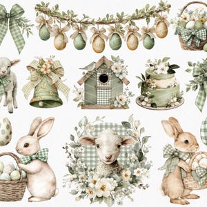 May include: Watercolor illustrations of Easter-themed elements. The image features a lamb, bunnies, eggs, a birdhouse, a cake, and decorative bows in shades of green, white, and beige. A basket filled with eggs and flowers is also present.