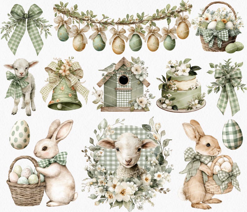 May include: Watercolor illustrations of Easter-themed elements. The image features a lamb, bunnies, eggs, a birdhouse, a cake, and decorative bows in shades of green, white, and beige. A basket filled with eggs and flowers is also present.