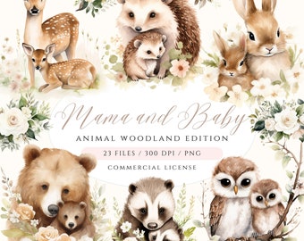 Watercolor Mama and Baby Woodland Animal Clipart (PNG Digital Download)
