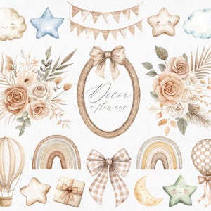 May include: A set of watercolor illustrations featuring a variety of cute and whimsical elements, including clouds, stars, rainbows, a hot air balloon, a wreath, and a bouquet of flowers. The illustrations are perfect for adding a touch of charm to any project.