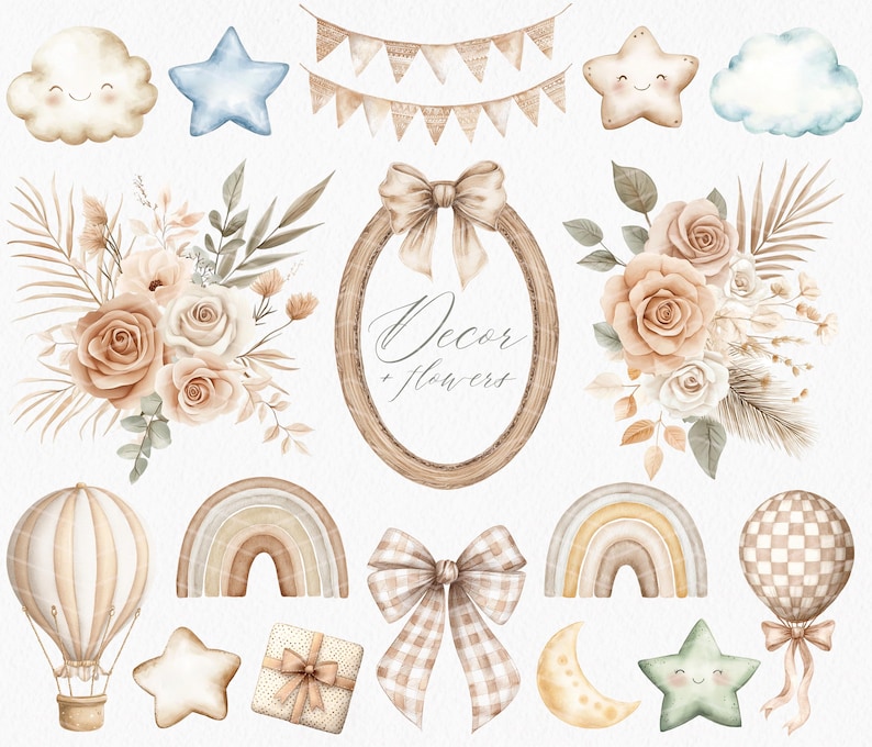 May include: A set of watercolor illustrations featuring a variety of cute and whimsical elements, including clouds, stars, rainbows, a hot air balloon, a wreath, and a bouquet of flowers. The illustrations are perfect for adding a touch of charm to any project.