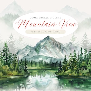 Clipart di montagna ad acquerello, confine di montagna, paesaggio forestale, lago in montagna, PNG di montagna estiva, clipart estiva, montagna autunnale