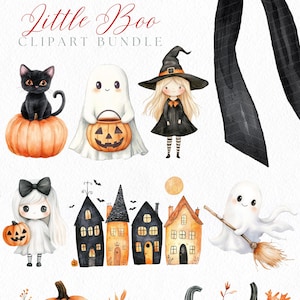 May include: Watercolor clipart bundle featuring Halloween-themed illustrations. Includes pumpkins, black cat, ghost, witch, haunted houses, and a black bow. The text "Little Boo CLPART BUNDLE" is also present. Perfect for seasonal crafts and designs.