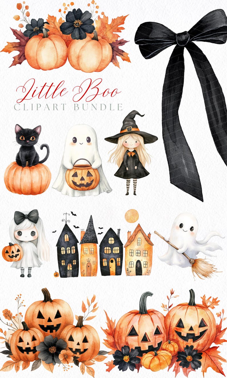 May include: Watercolor clipart bundle featuring Halloween-themed illustrations. Includes pumpkins, black cat, ghost, witch, haunted houses, and a black bow. The text "Little Boo CLPART BUNDLE" is also present. Perfect for seasonal crafts and designs.