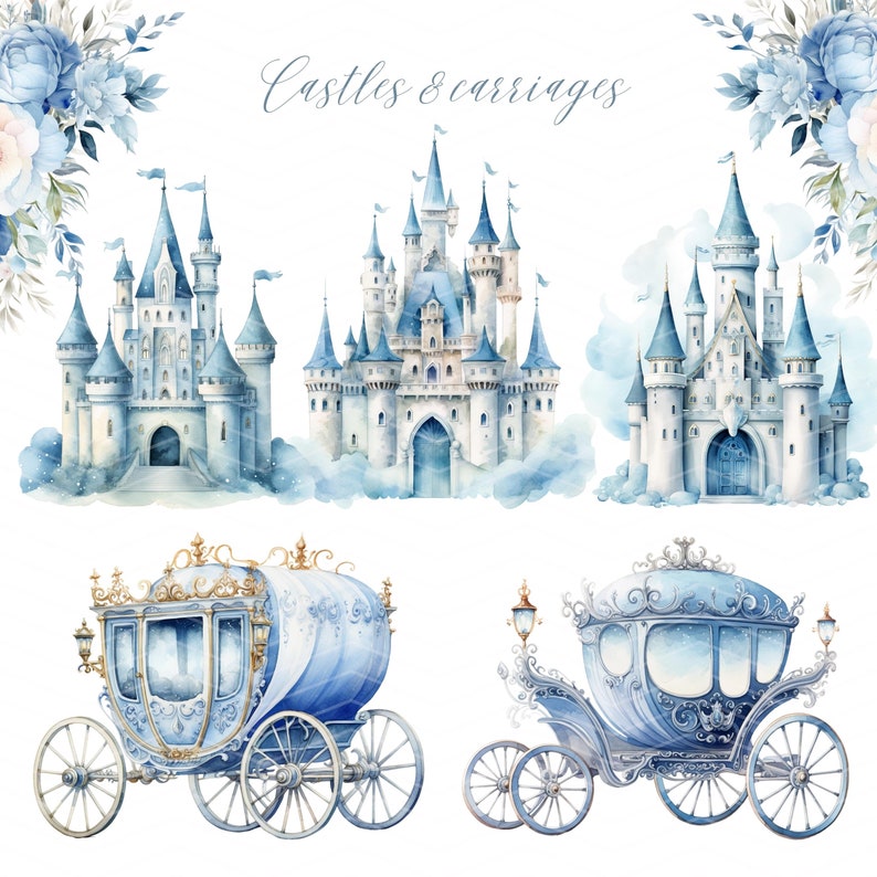 Watercolor Blue Princess Clipart Bundle: Fairytale PNG Graphics ...