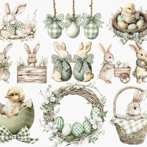 May include: Watercolor illustrations of Easter-themed elements. The image features bunnies, chicks, eggs, and a wreath, all adorned with green and white gingham bows and accents. The style is soft and whimsical, perfect for spring decor.