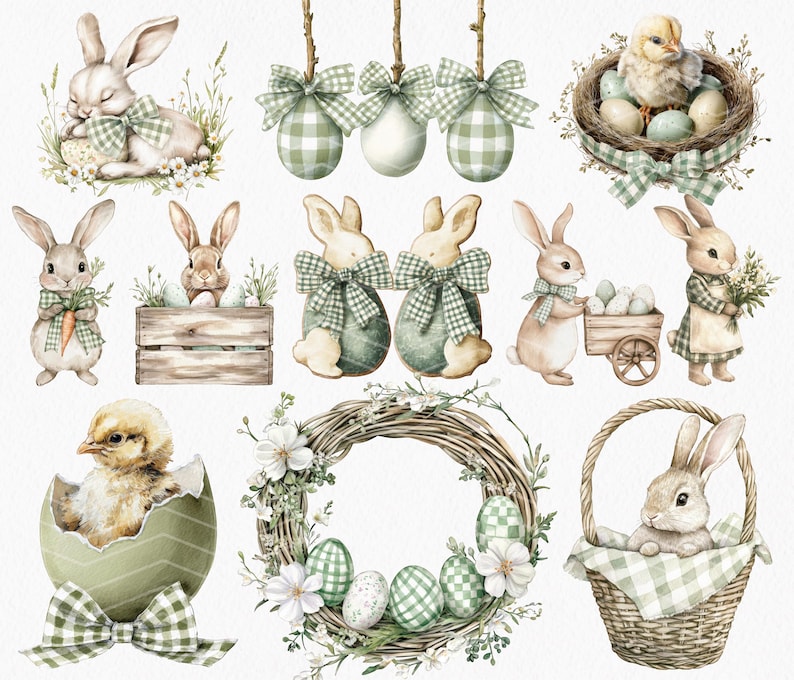May include: Watercolor illustrations of Easter-themed elements. The image features bunnies, chicks, eggs, and a wreath, all adorned with green and white gingham bows and accents. The style is soft and whimsical, perfect for spring decor.