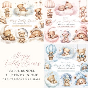 Pacchetto clipart acquerello orsacchiotto, pacchetto PNG grande orsacchiotto, orsacchiotti rosa, orso blu, pacchetto clipart orsetto bambino, orsacchiotto neutro