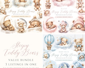 May include: A digital download of 54 watercolor illustrations of cute teddy bears in various poses, including sleeping, swinging, and riding in a hot air balloon. The illustrations are perfect for creating baby shower invitations, nursery decor, or other craft projects. The illustrations are available in three color palettes: blush, baby blue, and a mix of both.