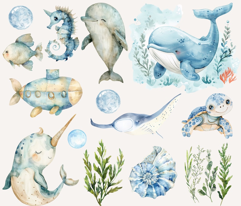 Op de afbeelding: Waterverfillustratie van verschillende zeedieren, waaronder een dolfijn, een walvis, een zeepaardje, een schildpad, een mantarog, een narwal en een onderzee&euml;r. De illustratie bevat ook zeewier en schelpen.