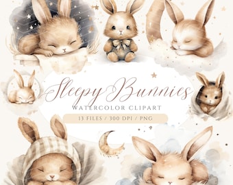 Watercolor Sleeping Bunny Clipart: Boho Baby Shower PNG (Digital Download)