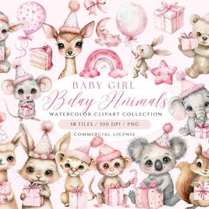 Clipart de chá de bebê rosa aquarela, animais da floresta, animais de safári, clipart de aniversário rosa, arte de berçário, arco-íris rosa PNG, clipart de bebê