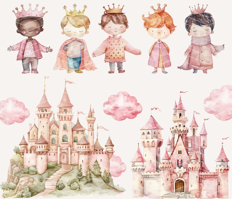 May include: Five watercolor illustrations of princes wearing crowns and pink outfits. Two pink castles with towers and flags. Two pink clouds with happy faces.
