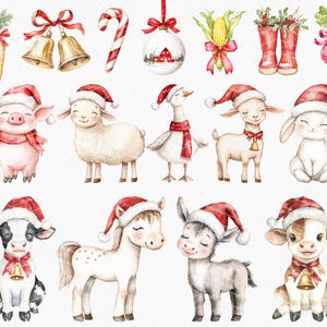 May include: Watercolor illustrations of Christmas ornaments and farm animals wearing Santa hats. Includes a pig, sheep, goose, goat, bunny, cow, horse, donkey, and calf. Also features bells, a candy cane, and a carrot.