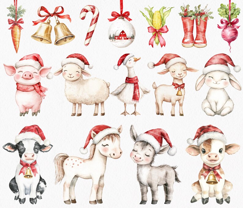 May include: Watercolor illustrations of Christmas ornaments and farm animals wearing Santa hats. Includes a pig, sheep, goose, goat, bunny, cow, horse, donkey, and calf. Also features bells, a candy cane, and a carrot.