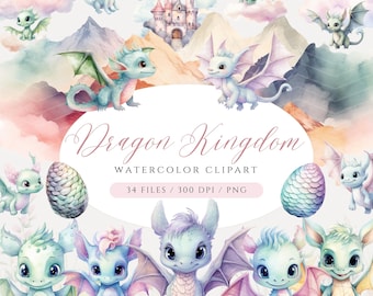 Könnte beinhalten: Aquarell-Clipart-Set mit niedlichen blauen Drachen mit rosa Flügeln, einem Schloss und Dracheneiern. Das Set enthält 34 Dateien, 300 DPI und ist im PNG-Format. Der Text "Dragon Kingdom" ist in rosa Kursivschrift geschrieben.