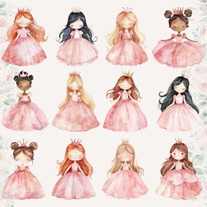 May include: Twelve watercolor illustrations of princesses wearing pink dresses and crowns. Each princess has a different hairstyle and facial features.