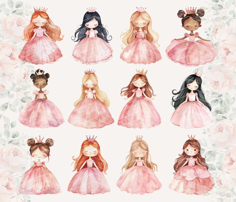 May include: Twelve watercolor illustrations of princesses wearing pink dresses and crowns. Each princess has a different hairstyle and facial features.