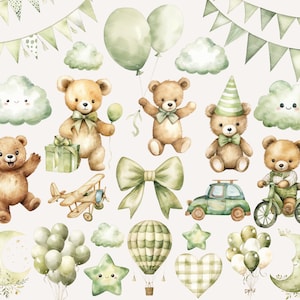 May include: A set of watercolor illustrations featuring green and brown teddy bears, balloons, clouds, stars, a hot air balloon, a plane, a car, a bicycle, a bow, and a moon. The illustrations are perfect for creating invitations, cards, or other craft projects.