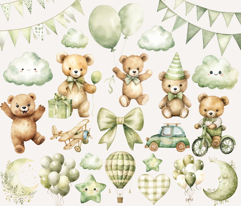 May include: A set of watercolor illustrations featuring green and brown teddy bears, balloons, clouds, stars, a hot air balloon, a plane, a car, a bicycle, a bow, and a moon. The illustrations are perfect for creating invitations, cards, or other craft projects.