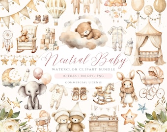 Watercolor Teddy Bear Clipart: Neutral Baby Shower PNG (Digital Download)