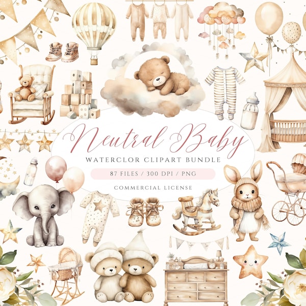 Gender Neutral Baby Shower Clipart, Teddybär Clipart, Kinderzimmer Clipart, Teddybär PNG, Mond, Sterne, Wolken, Boho Baby Clipart, Elefant