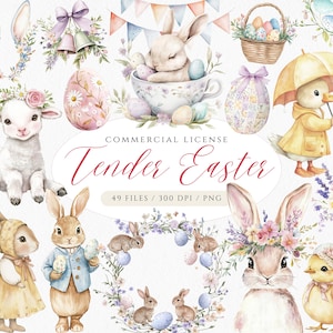 Aquarell Vintage Hase Clipart, Pastell Ostern PNG, Osterhase Clipart, Cottagecore Frühling, wunderliche Ostern Süße Kaninchen und Wildblumen