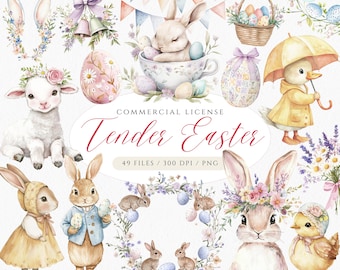 Watercolor Easter Bunny Clipart: Vintage Pastel PNG (Digital Download)