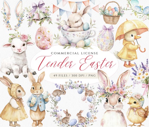 Watercolor Easter Bunny Clipart: Vintage Pastel PNG (Digital Download)