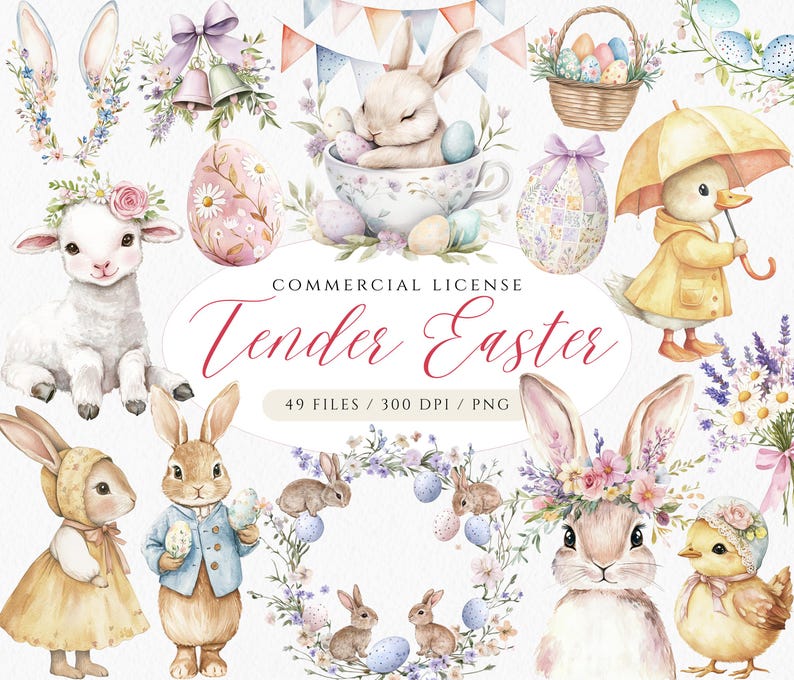 May include: A set of 49 watercolor illustrations featuring Easter-themed imagery, including bunnies, chicks, lambs, eggs, flowers, and a basket of eggs. The illustrations are in a soft, pastel color palette and are perfect for creating Easter cards, invitations, and other crafts.
