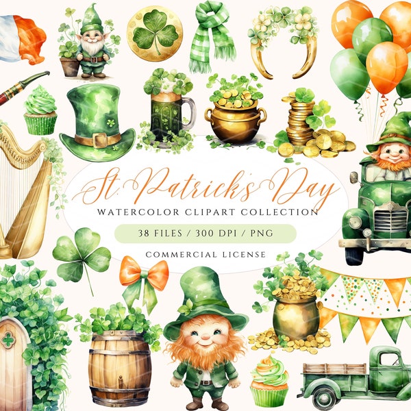 Watercolor St. Patrick's Day Clipart, Cute Saint Patrick's Day PNG, Shamrock Clipart, Pot of Gold, Leprechaun Clipart, Horseshoe PNG, Irish