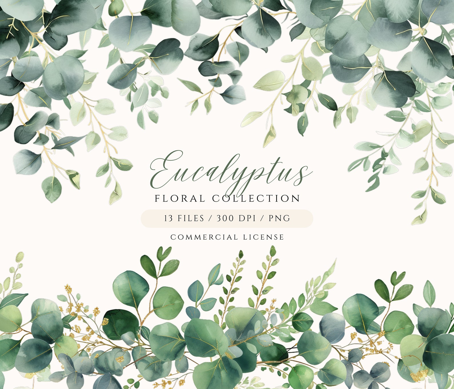 Watercolor Eucalyptus Clipart: Greenery & Gold PNG Images (digital ...