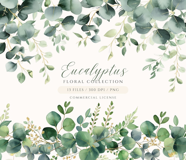 Watercolor Eucalyptus Clipart: Greenery & Gold PNG Images (digital ...