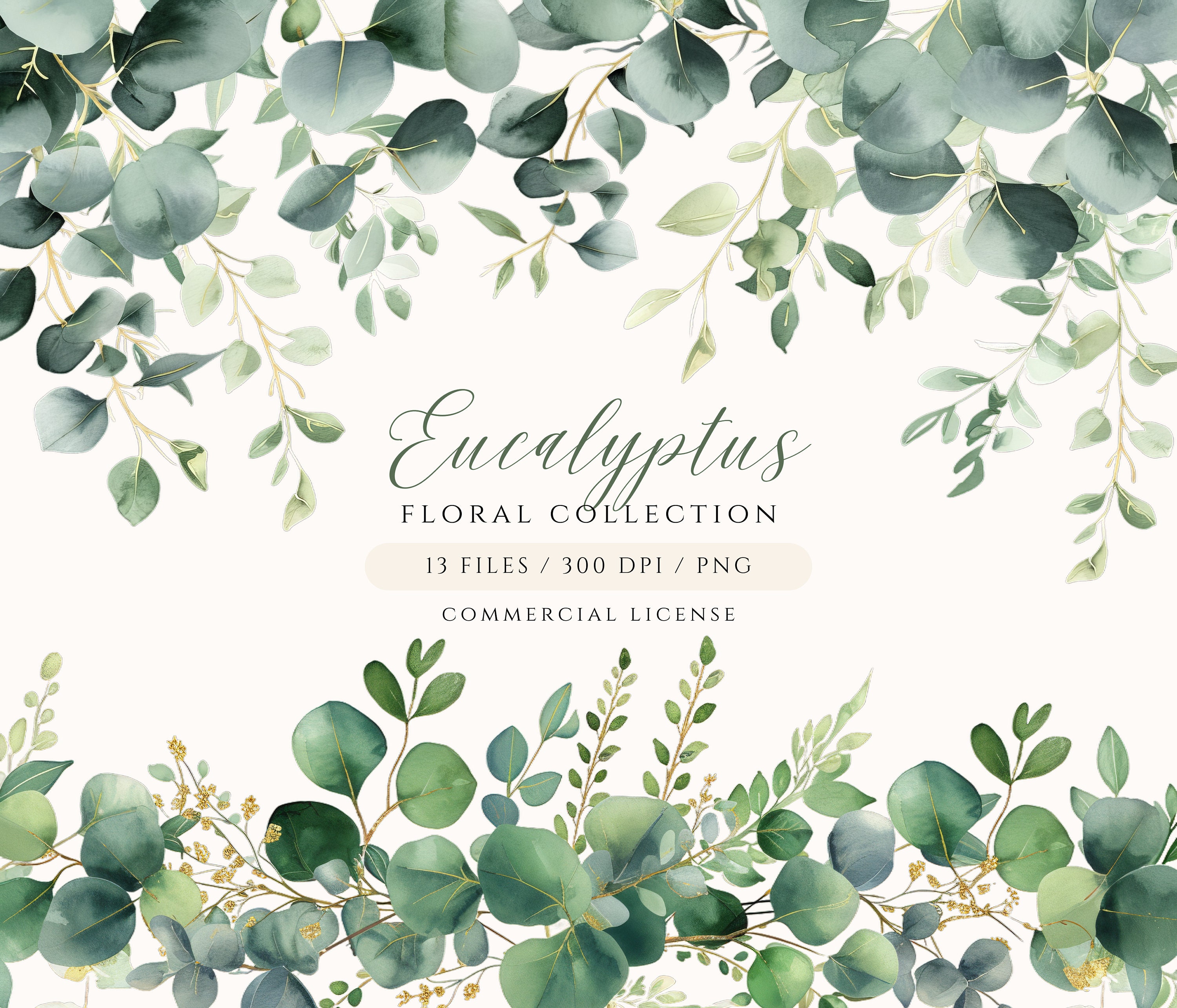 Watercolor Eucalyptus Clipart: Greenery & Gold PNG Images (digital ...