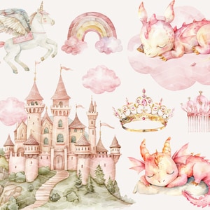 May include: Watercolor illustration of a pink castle, a unicorn flying in the air, a rainbow, two sleeping dragons, a crown, and a comb. The illustration is perfect for a nursery or children's room.