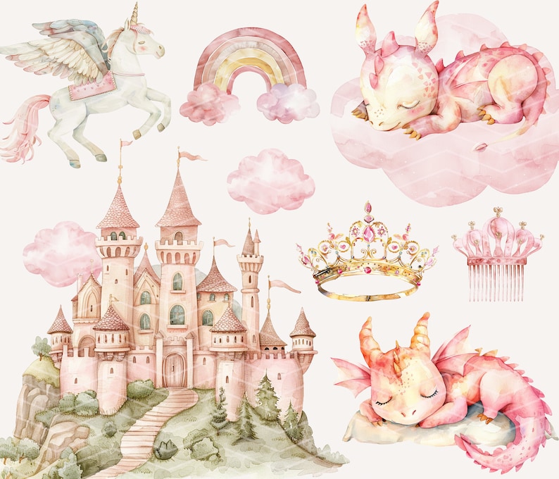 May include: Watercolor illustration of a pink castle, a unicorn flying in the air, a rainbow, two sleeping dragons, a crown, and a comb. The illustration is perfect for a nursery or children's room.