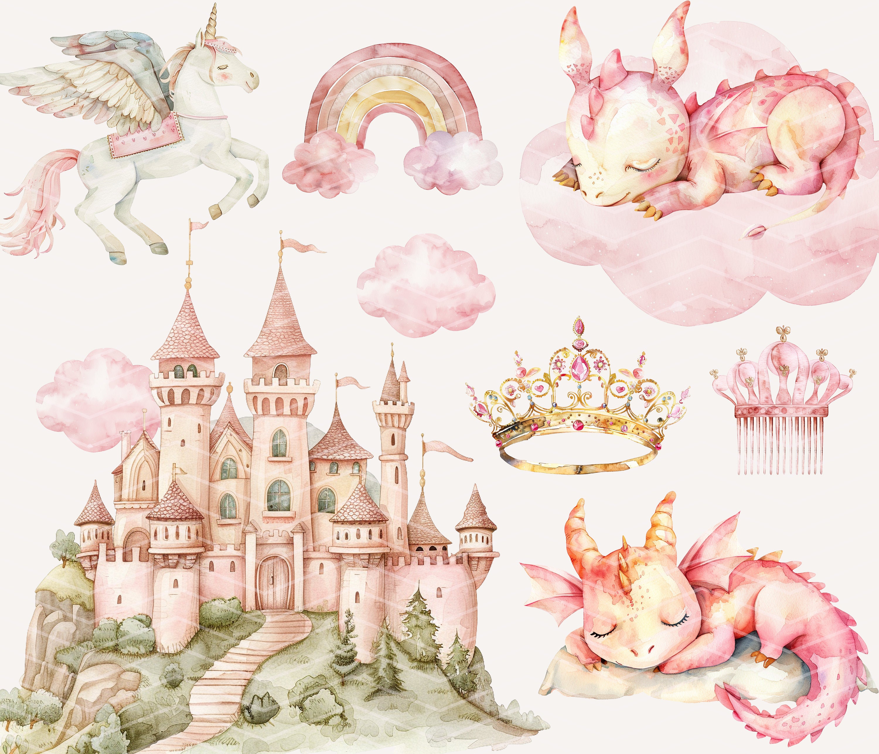 Watercolor Pink Princess Clipart Bundle: Castle, Dragon, Unicorn (PNG ...