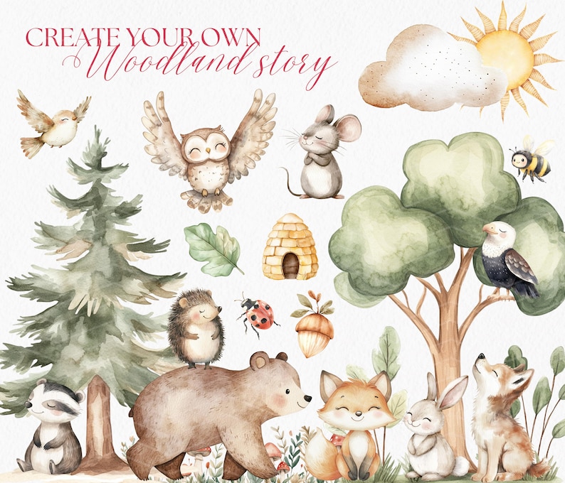 Watercolor Woodland Animals Clipart: Boho Nursery Decor (PNG Digital ...