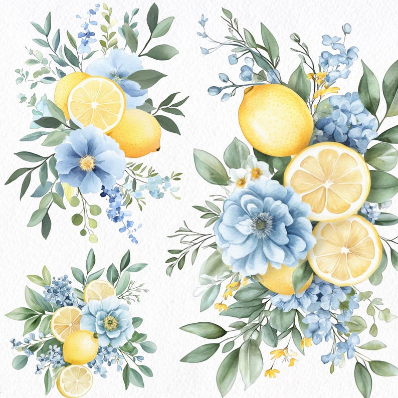 Blue Lemon Watercolor Clipart Bundle, Floral Wreaths, Citrus Wedding ...